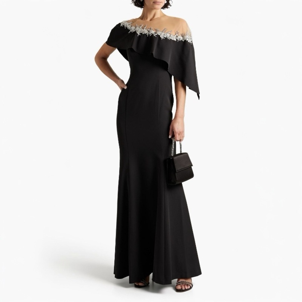 Marchesa Elegant Black Maxi Dress with Silver Details